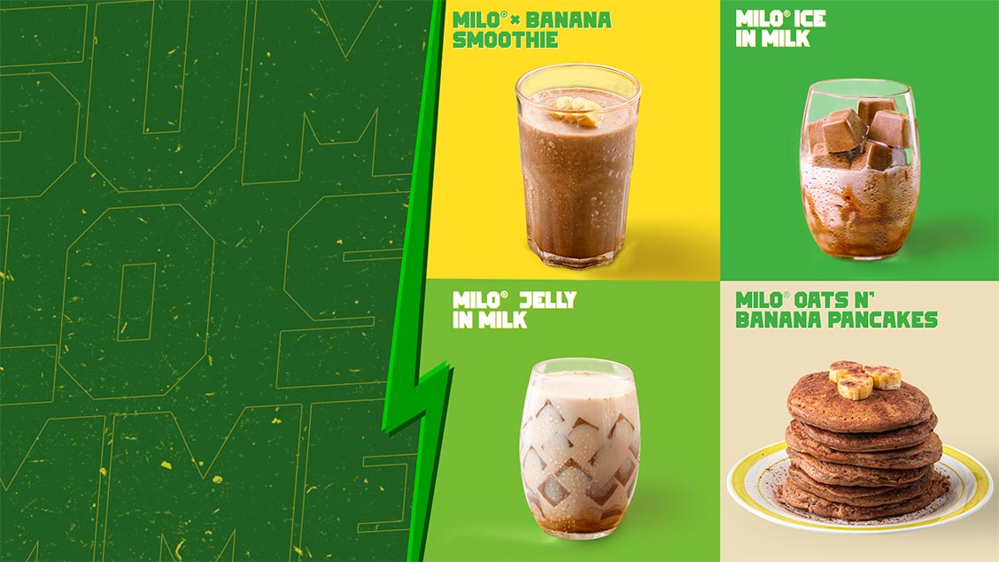 MILO CHAMPION RECIPES banana smoothie, ice milk drink, jelly milk drink, oats banana pancakce