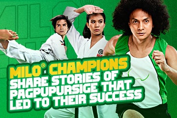 green milo champion athletes banner with Japoy Lizardo for Taekwondo, Jamie Lim for Karate, and Rio Dela Cruz for Running