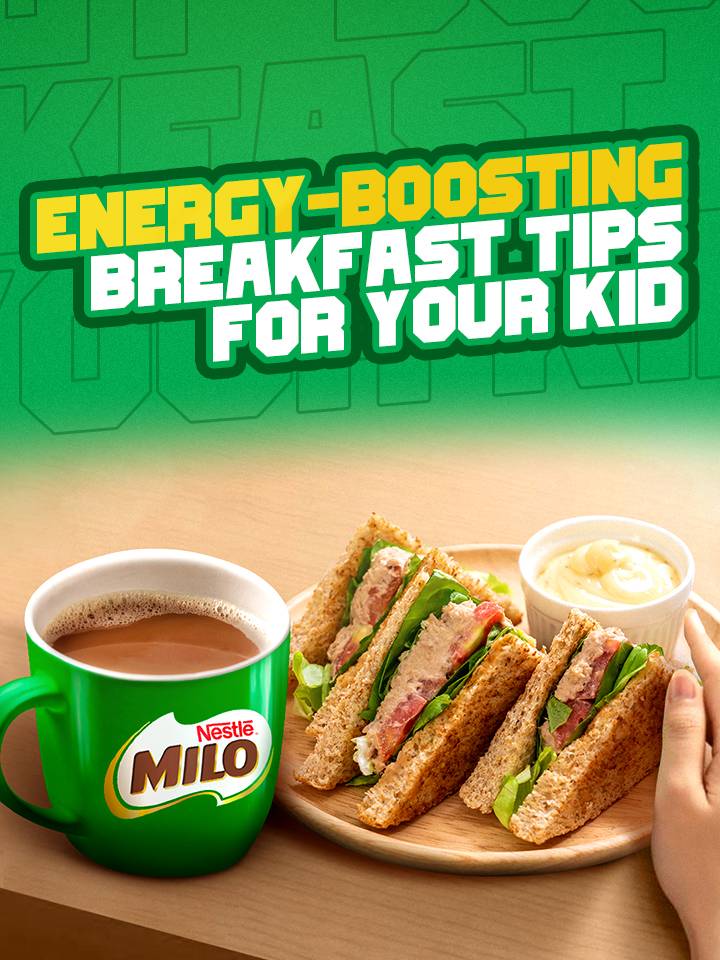 energy boosting and healthy breakfast sandwiches with milo drink in green mug for kids vertical image
