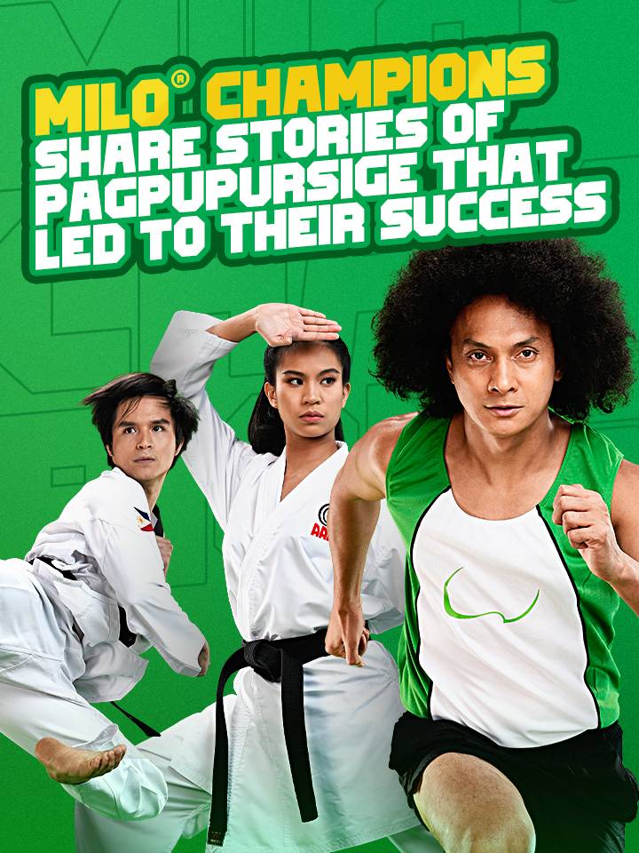 green milo champion athletes banner with Japoy Lizardo for Taekwondo, Jamie Lim for Karate, and Rio Dela Cruz for Running